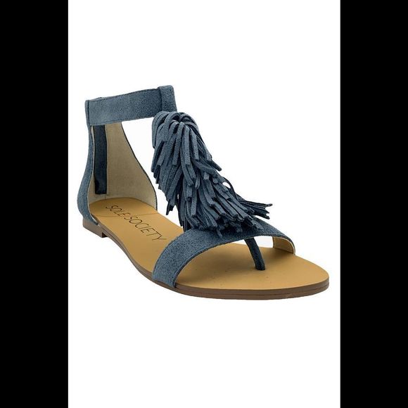Sole Society Suede Fringe Flat Sandals Koa Vista Blue - Medium - Picture 2 of 5